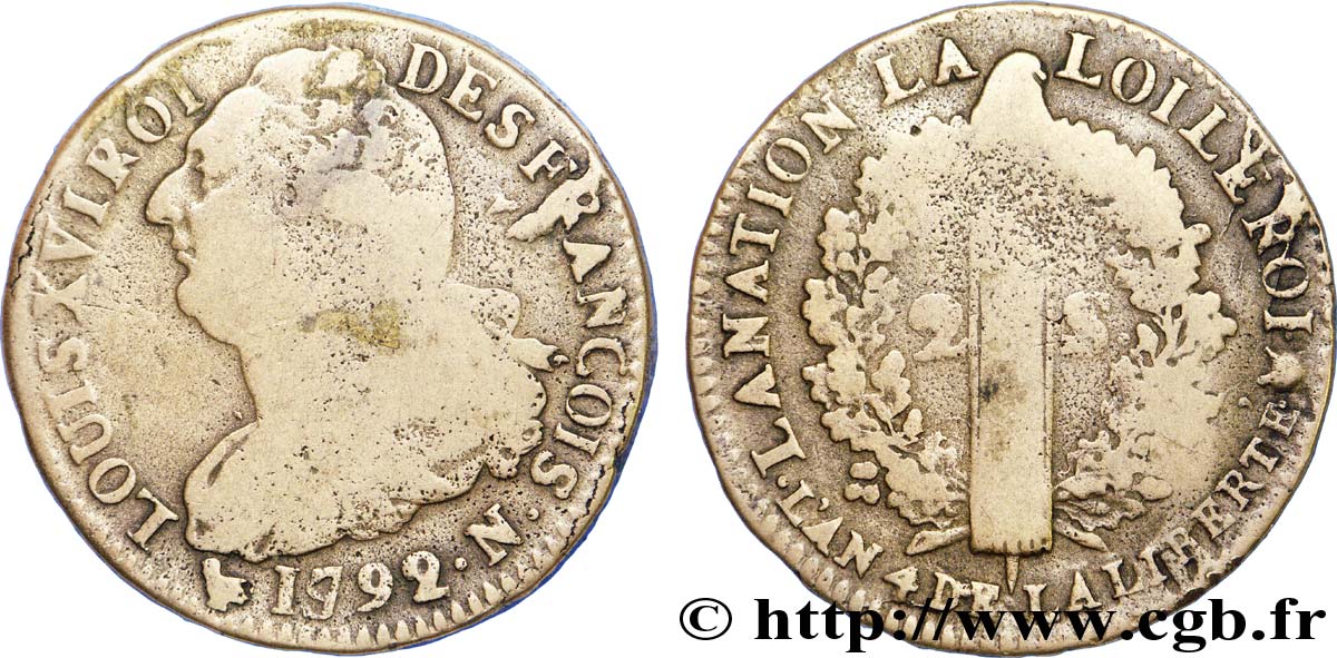 LOUIS XVI (MONARQUE CONSTITUTIONNEL)  2 sols dit  au faisceau , type FRANÇOIS 1792 Montpellier TB+
