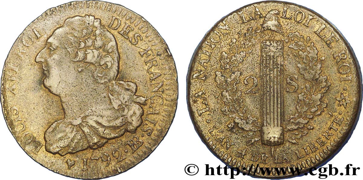 LOUIS XVI 2 sols dit &nbsp;au faisceau&nbsp;, type FRANÇAIS 1792 Strasbourg BB