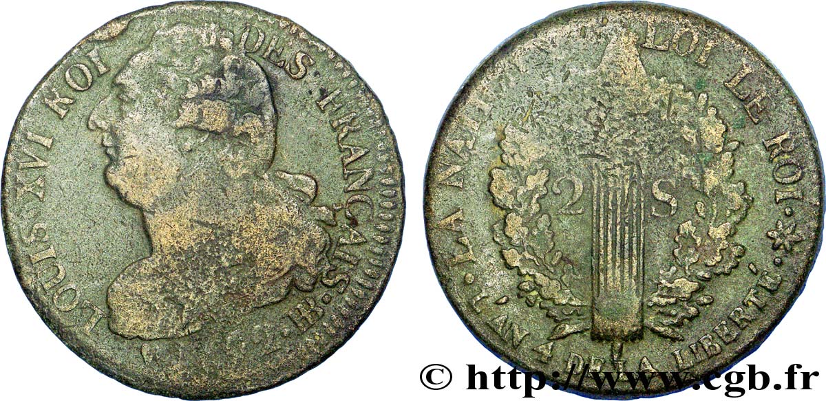 LOUIS XVI (MONARQUE CONSTITUTIONNEL)  2 sols dit &nbsp;au faisceau&nbsp;, type FRANÇAIS 1792 Strasbourg TB