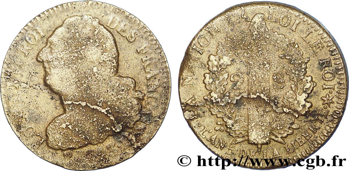 LA CONVENTION 2 sols dit  au faisceau , type FRANÇAIS 1793 Strasbourg TB