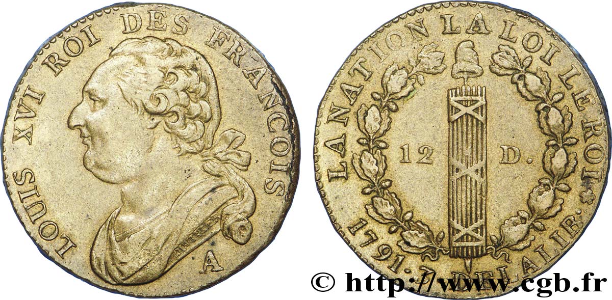 LOUIS XVI 12 deniers dit  au faisceau , type FRANCOIS 1791 Paris, Monnaie du Louvre MBC+