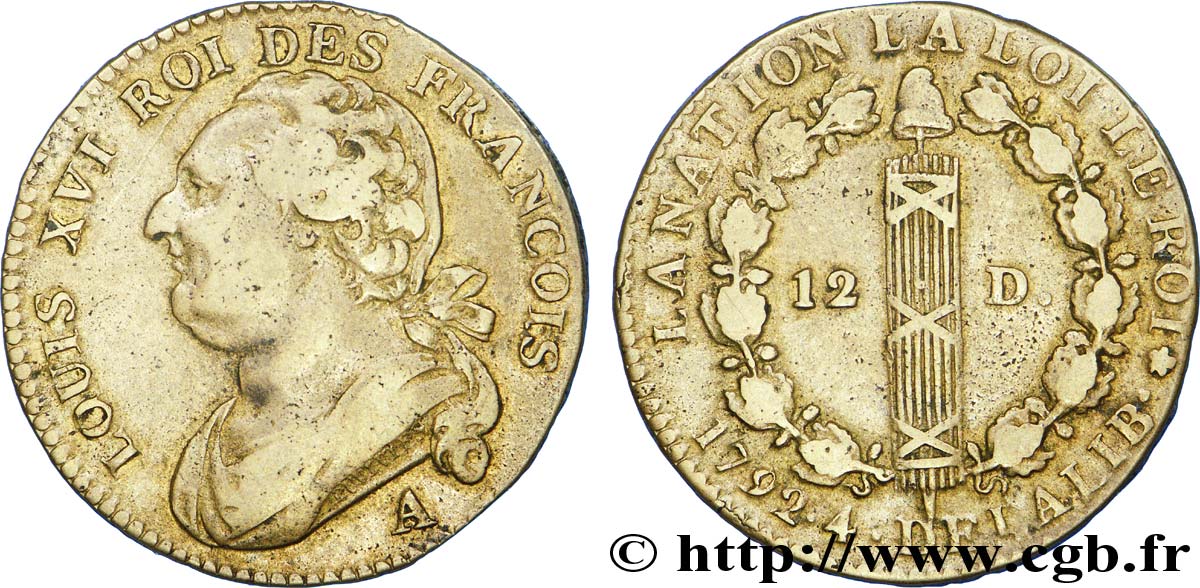 LOUIS XVI (MONARQUE CONSTITUTIONNEL) 12 deniers dit  au faisceau , type FRANCOIS 1792 Paris, Monnaie du Louvre TTB