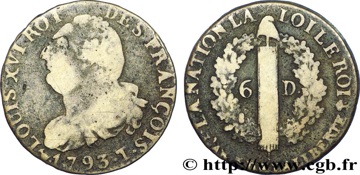 NATIONALKONVENT 6 deniers dit  au faisceau , type FRANÇOIS 1793 Nantes fS/S