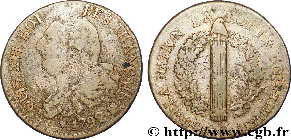 LOUIS XVI (MONARQUE CONSTITUTIONNEL)  6 deniers dit  au faisceau , type FRANÇAIS 1792 Strasbourg TB+