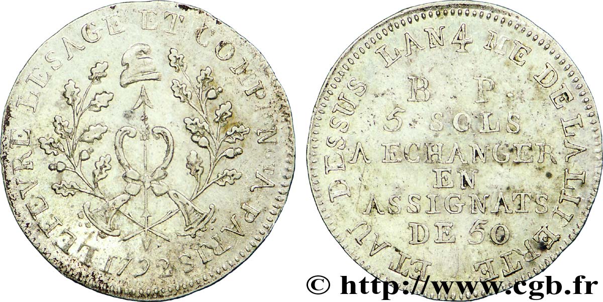 REVOLUTION COINAGE / CONFIANCE (MONNAIES DE…) 5 sols de Lefèvre Lesage et Cie 1792 Paris VF