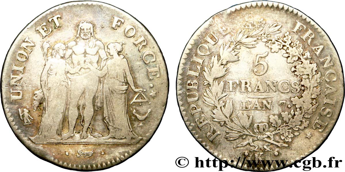 5 francs Union et Force, Union desserré, avec glands intérieurs et gland extérieur 1799 Bordeaux F.291/23 MB 