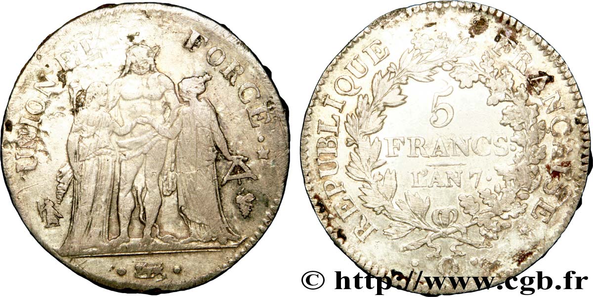 5 francs Union et Force, Union serré, seulement gland extérieur 1799 Perpignan F.288/118 BC 