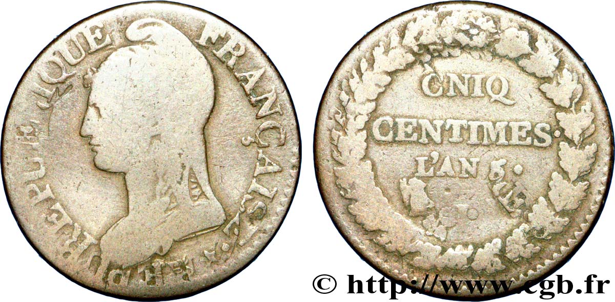 Cinq centimes Dupré, grand module,  refrappage  du décime, CNIQ 1797 Limoges F.114/9 TB 