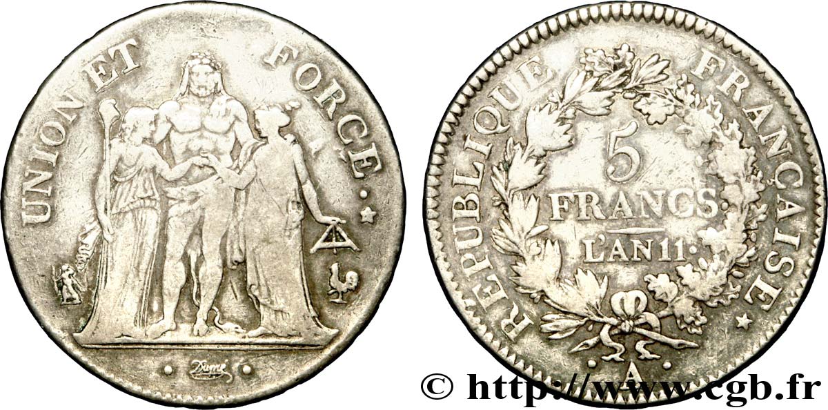5 francs Union et Force, Union serré, seulement glands intérieurs 1803 Paris F.288/187 VF 