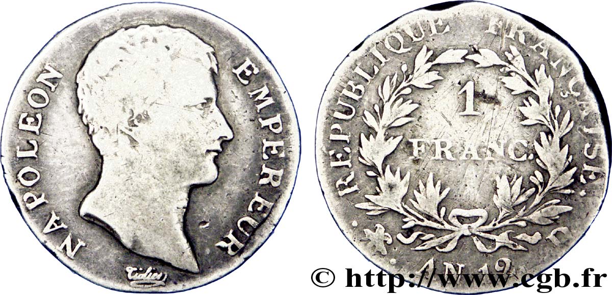 1 franc Napoléon Empereur, Calendrier révolutionnaire 1804 Lyon F.201/3 BC 