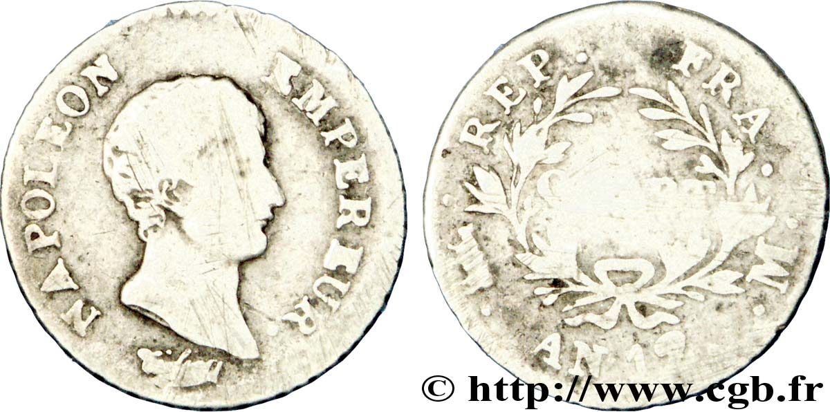 Quart (de franc) Napoléon Empereur, Calendrier révolutionnaire 1804 Toulouse F.158/6 B 