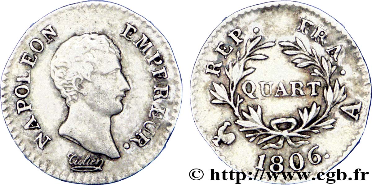 Quart (de franc) Napoléon Empereur, Calendrier grégorien 1806 Paris F.159/1 MBC 