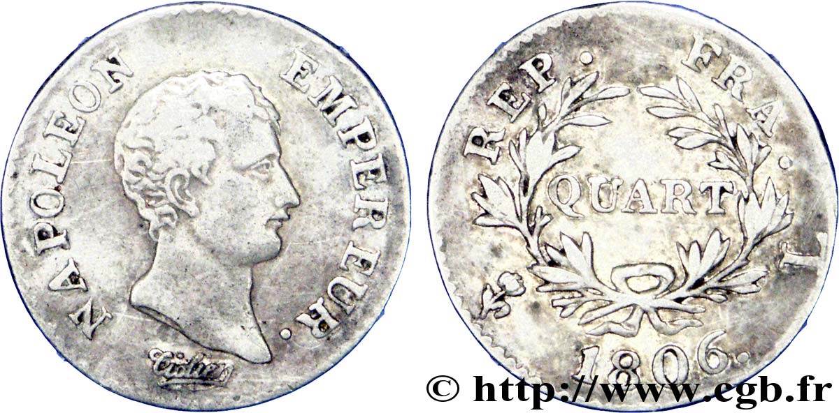 Quart (de franc) Napoléon Empereur, Calendrier grégorien 1806 Bayonne F.159/4 BB 