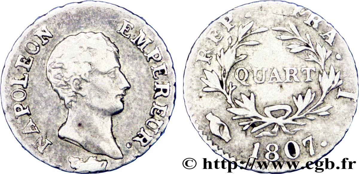 Quart (de franc) Napoléon Empereur, Calendrier grégorien 1807 Limoges F.159/6 VF 