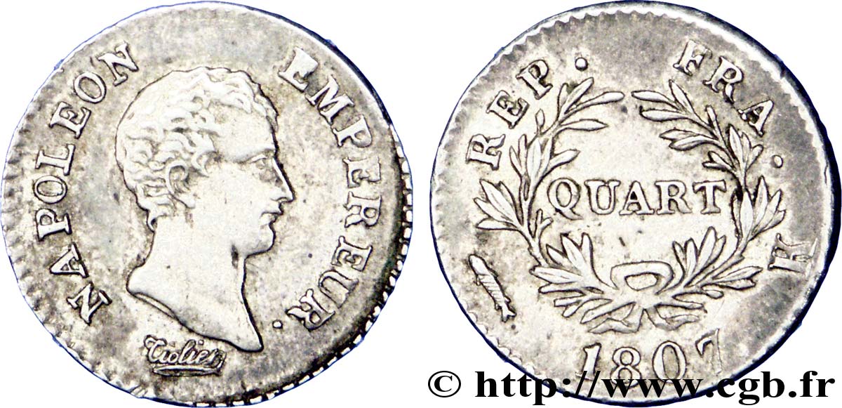 Quart (de franc) Napoléon Empereur, Calendrier grégorien 1807 Bordeaux F.159/7 AU 