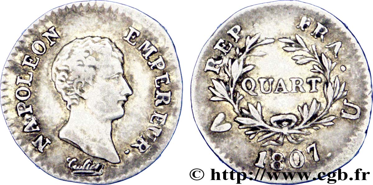 Quart (de franc) Napoléon Empereur, Calendrier grégorien 1807 Turin F.159/11 MBC 