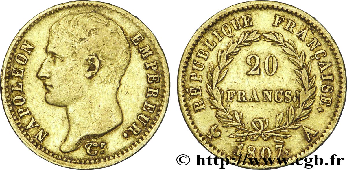 20 francs or Napoléon tête nue, type transitoire 1807 Paris F.514/1 TTB 
