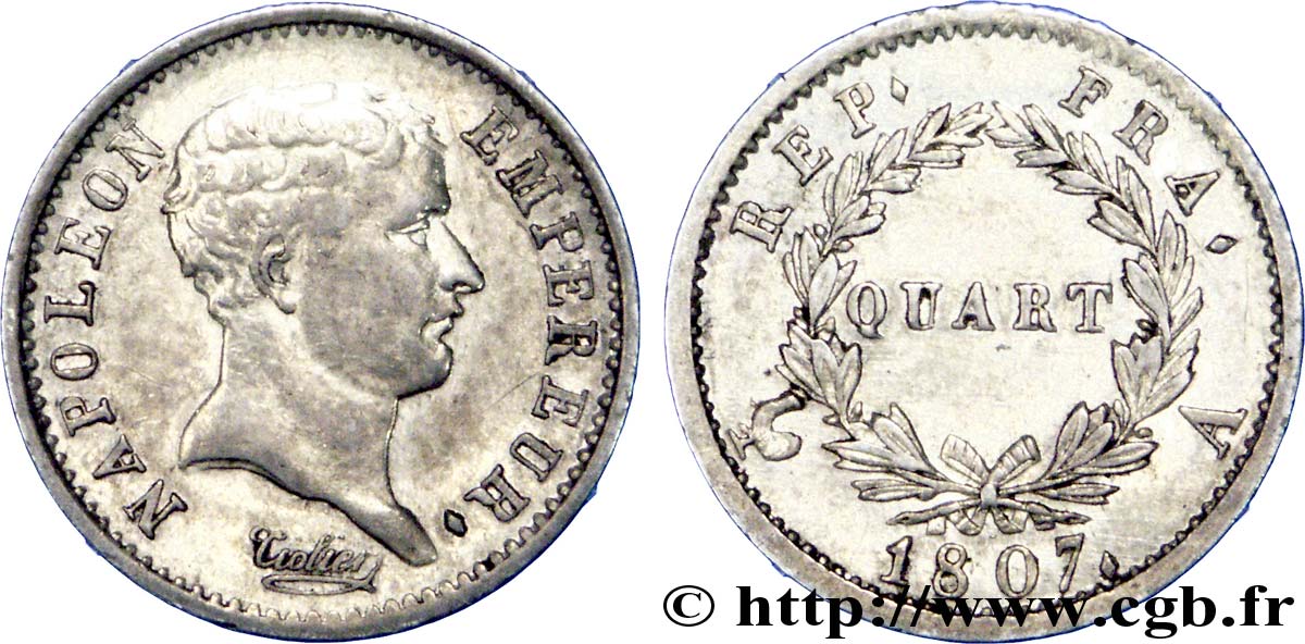 Quart (de franc) Napoléon Empereur, tête de nègre 1807 Paris F.160/1 BB 