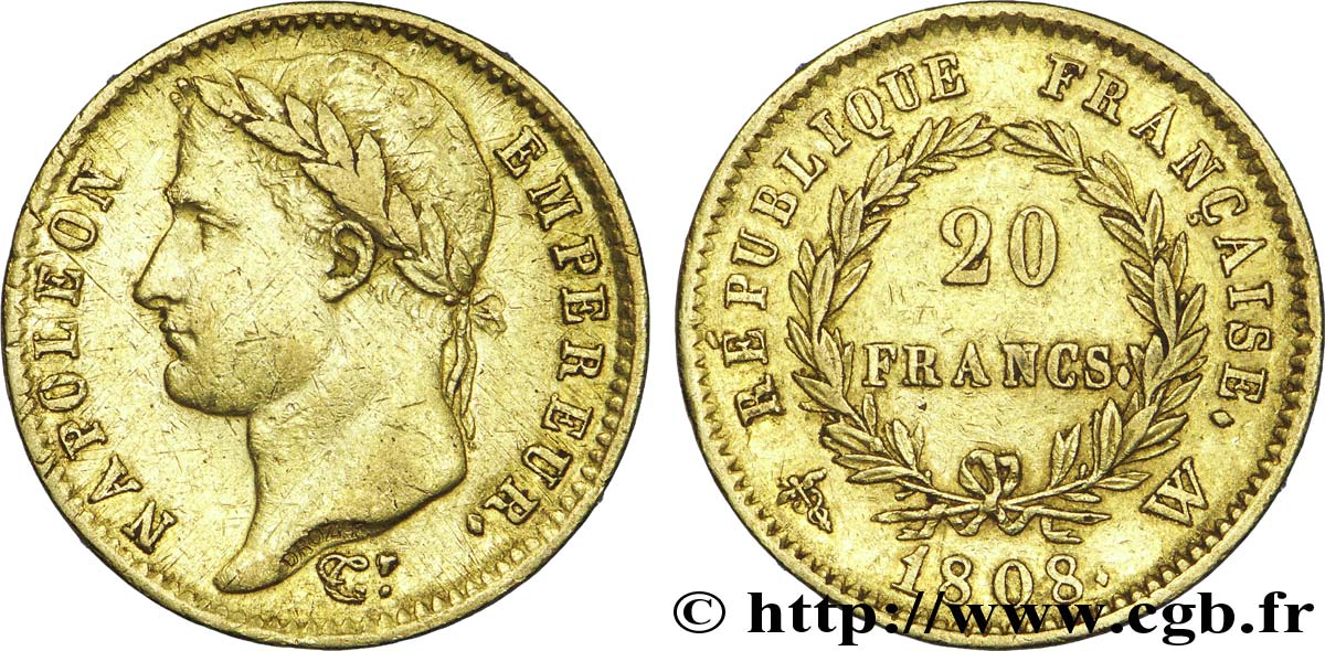 20 francs or Napoléon tête laurée, République française 1808 Lille F.515/8 XF 