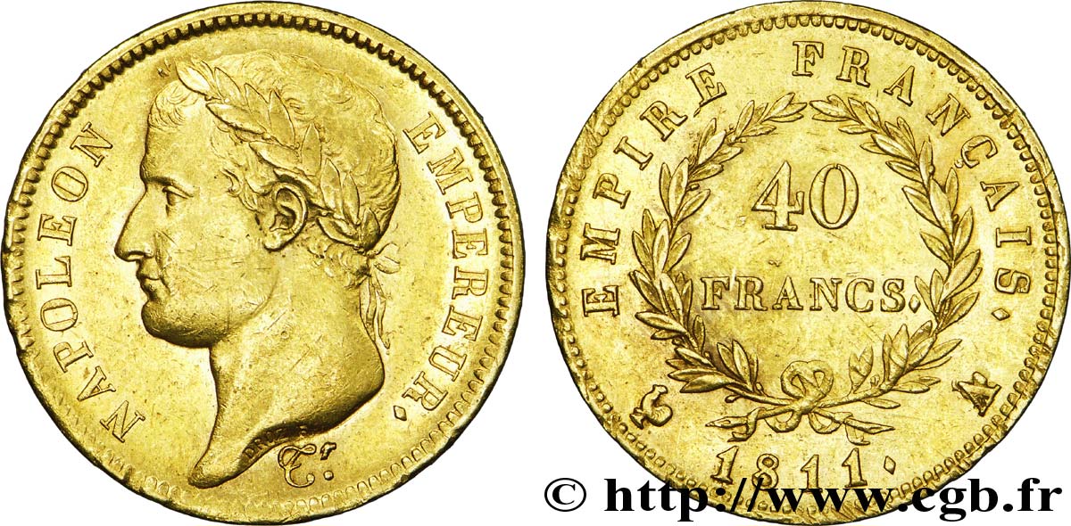 40 francs or Napoléon tête laurée, Empire français, A sur Coq 1811 Paris F.541/7 MBC 