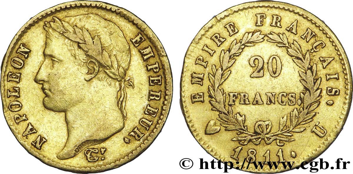 20 francs or Napoléon tête laurée, Empire français 1811 Turin F.516/20 XF 