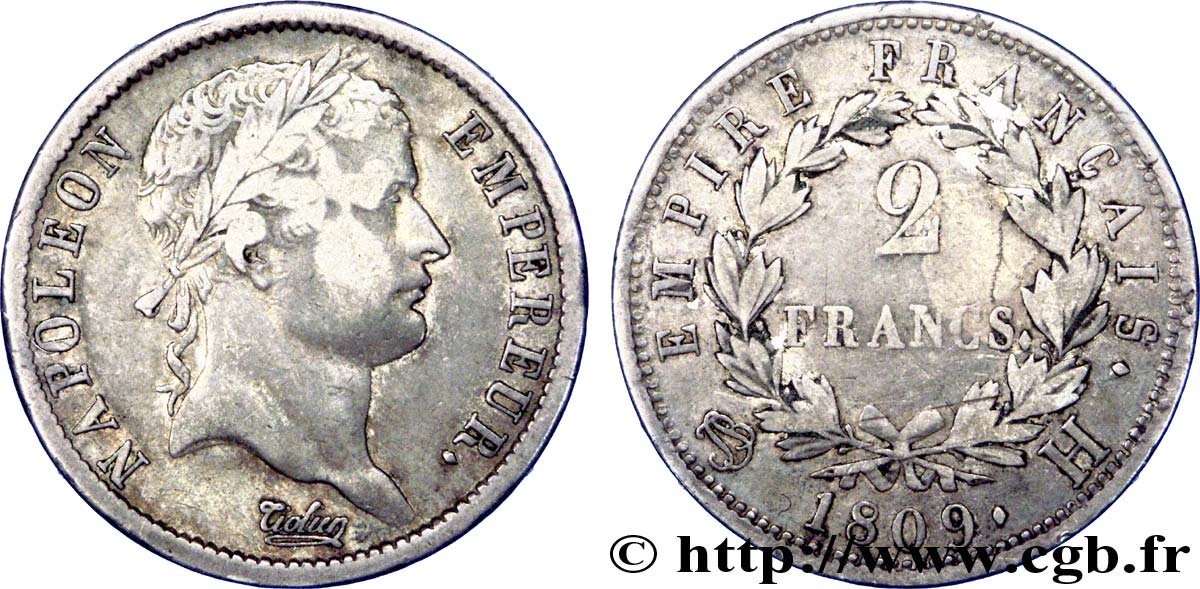 2 francs Napoléon Ier tête laurée, Empire français 1809 La Rochelle F.255/3 VF 