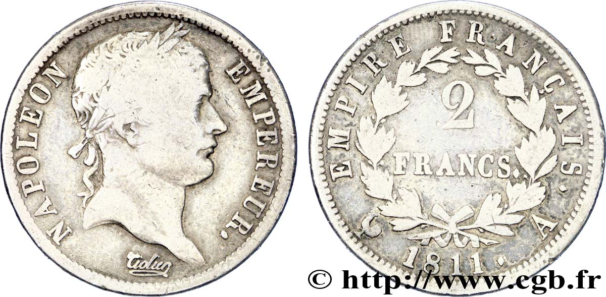 2 francs Napoléon Ier tête laurée, Empire français 1811 Paris F.255/24 TB 