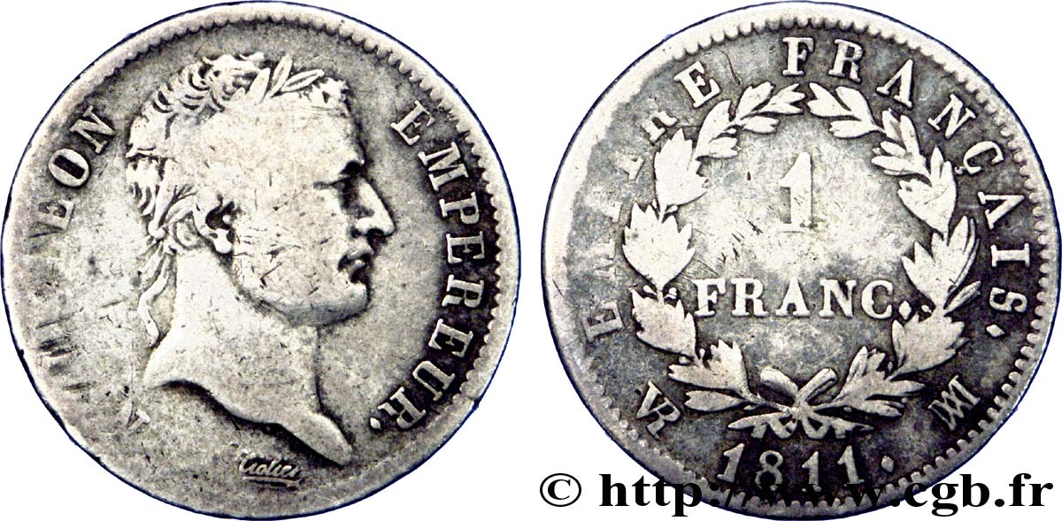 1 franc Napoléon Ier tête laurée, Empire français 1811 Marseille F.205/37 VF 