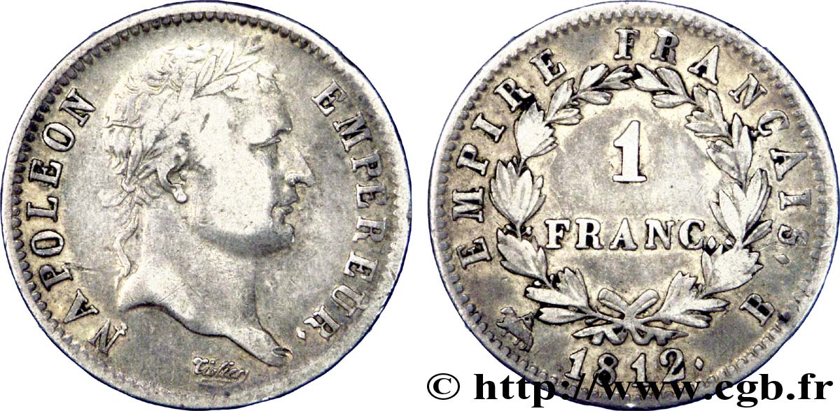 1 franc Napoléon Ier tête laurée, Empire français 1812 Rouen F.205/43 S 