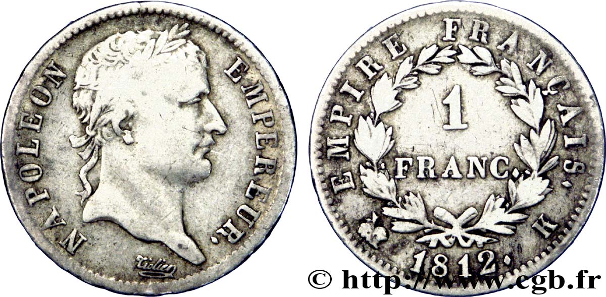 1 franc Napoléon Ier tête laurée, Empire français 1812 Bordeaux F.205/48 BC 