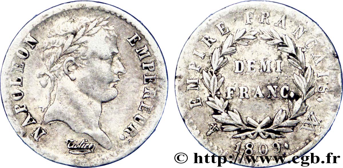Demi-franc Napoléon Ier tête laurée, Empire français 1809 Lille F.178/9 MB 
