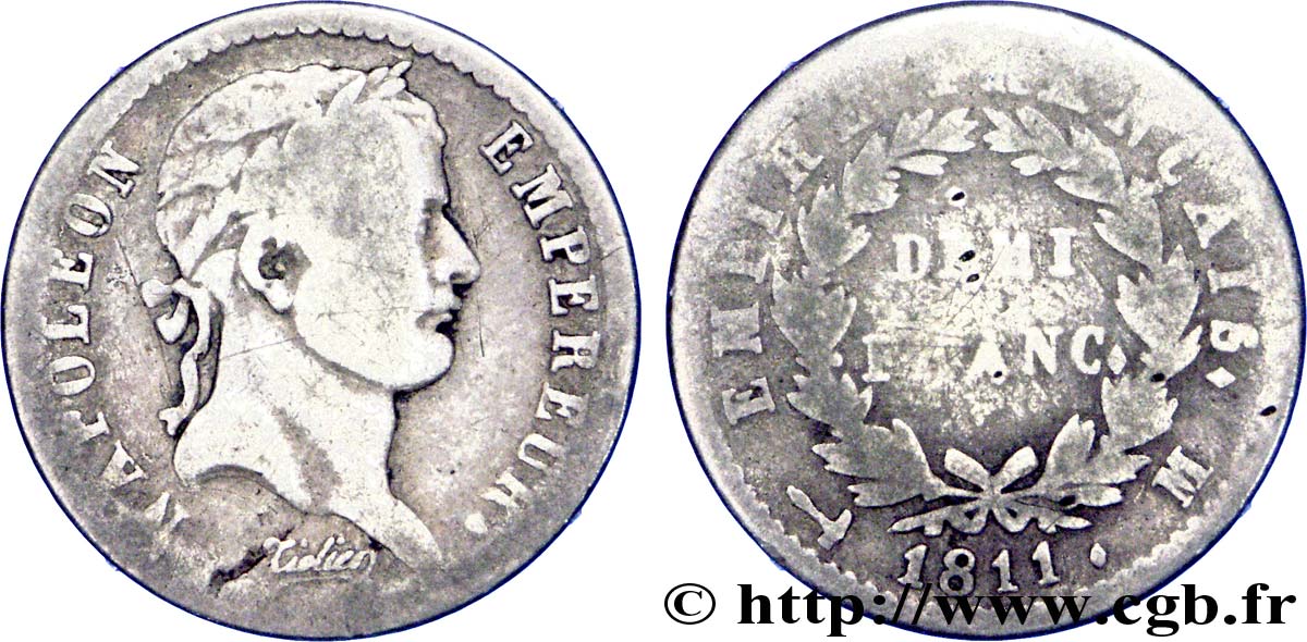 Demi-franc Napoléon Ier tête laurée, Empire français 1811 Toulouse F.178/29 VG 
