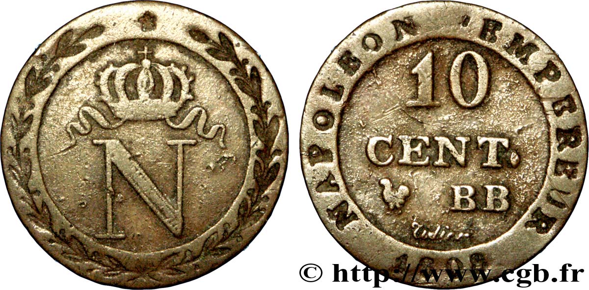 Faux de 10 cent. à l N couronnée 1808 Strasbourg F.130/4 var. VF 