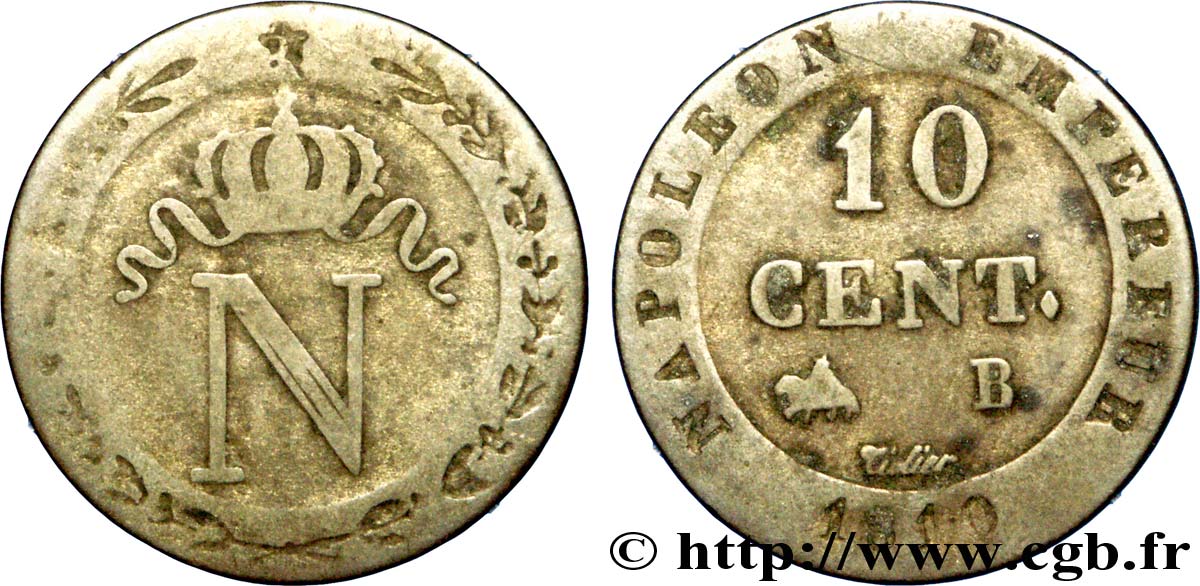 10 cent. à l&nbsp;N couronnée 1810 Rouen F.130/20 VF 