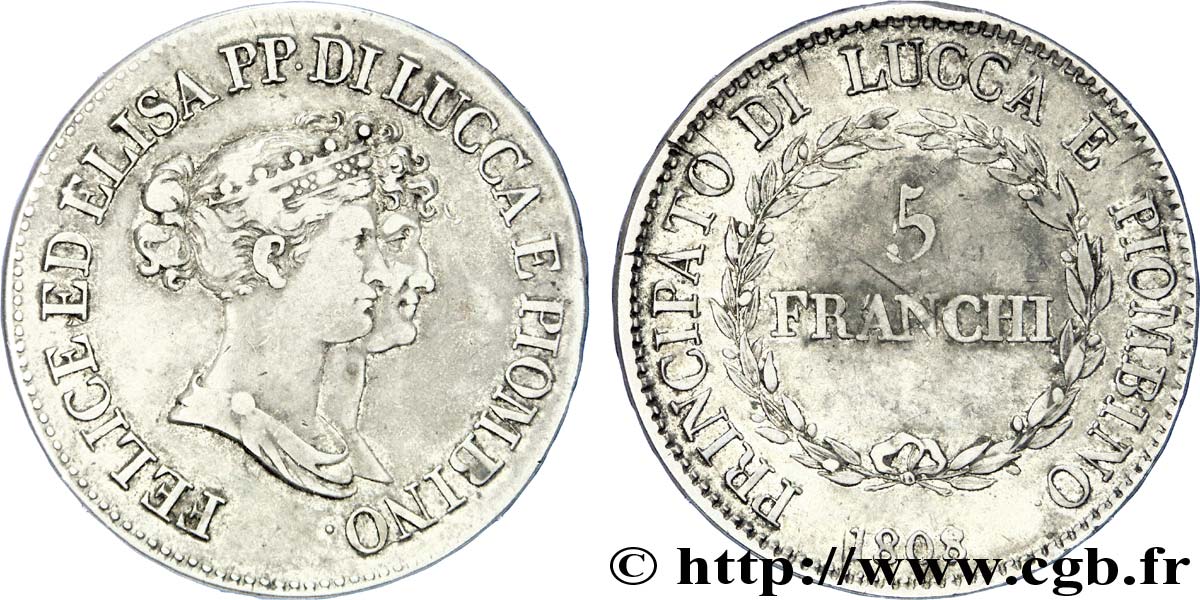 ITALY - PRINCIPALTY OF LUCCA AND PIOMBINO - FELIX BACCIOCHI AND ELISA BONAPARTE 5 franchi, petits bustes 1808 Florence XF 