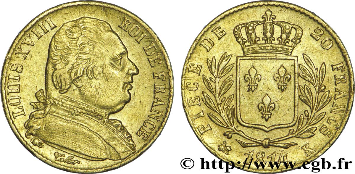 20 francs or Louis XVIII, buste habillé 1814 Bordeaux F.517/4 BB 
