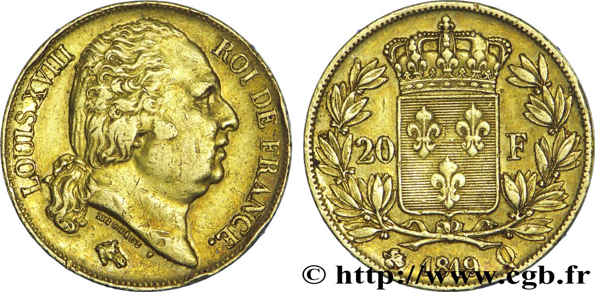 20 francs or Louis XVIII, tête nue 1819 Perpignan F.519/16 MBC 