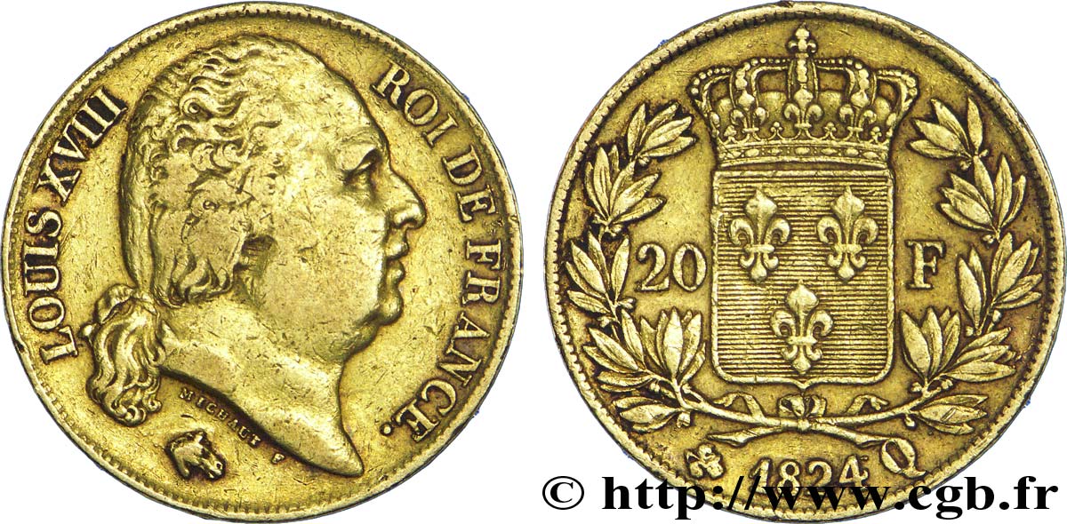 20 francs or Louis XVIII, tête nue 1824 Perpignan F.519/33 XF 