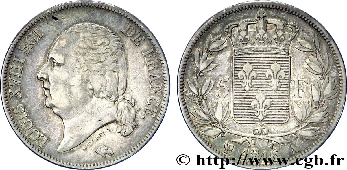 5 francs Louis XVIII, tête nue 1816  Paris F.309/1 VF 
