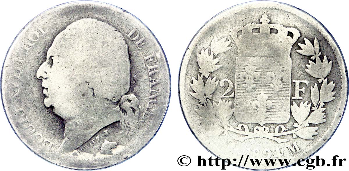 2 francs Louis XVIII 1824 Toulouse F.257/59 VG 