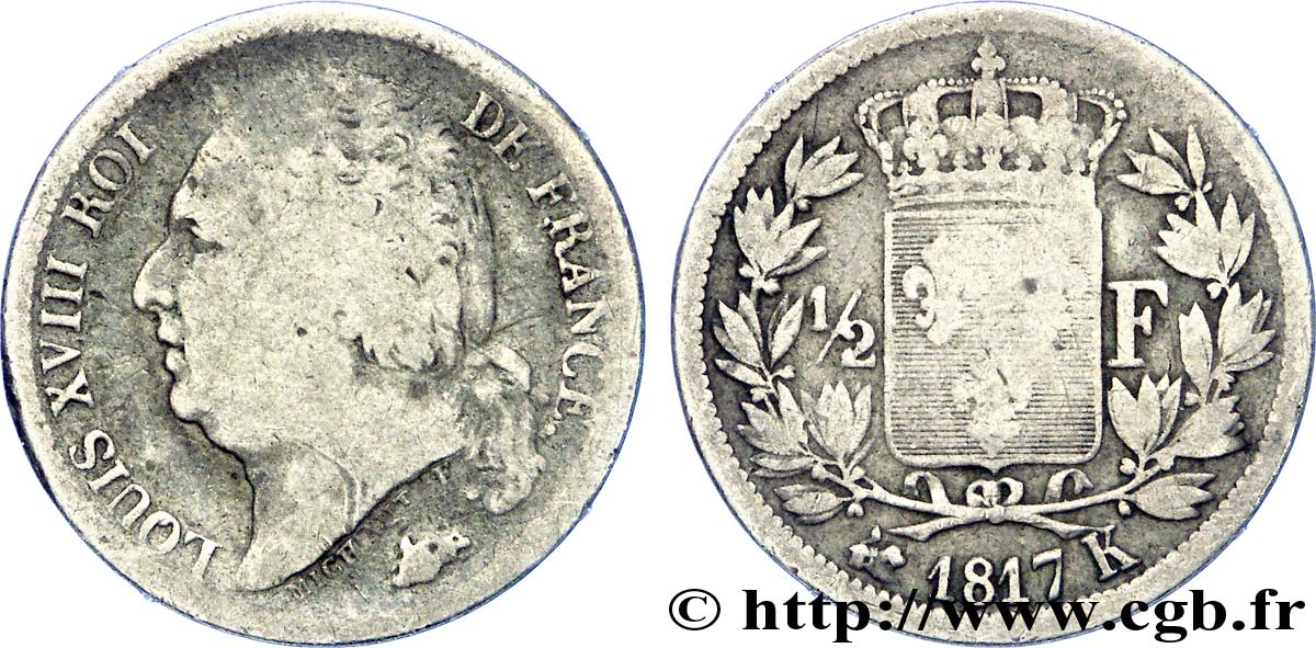 1/2 franc Louis XVIII 1817 Bordeaux F.179/12 TB 