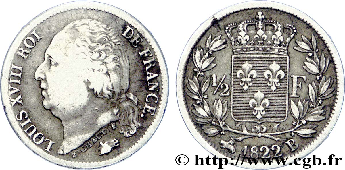 1/2 franc Louis XVIII 1822 Rouen F.179/31 MB 