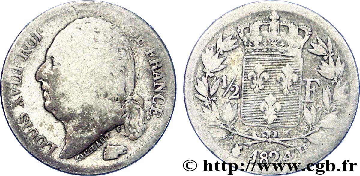 1/2 franc Louis XVIII 1824 La Rochelle F.179/46 VG 