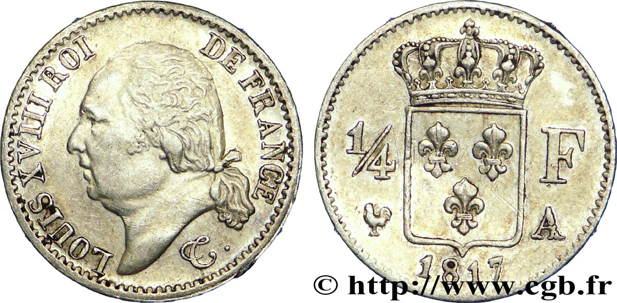 1/4 franc Louis XVIII 1817 Paris F.163/1 MBC 