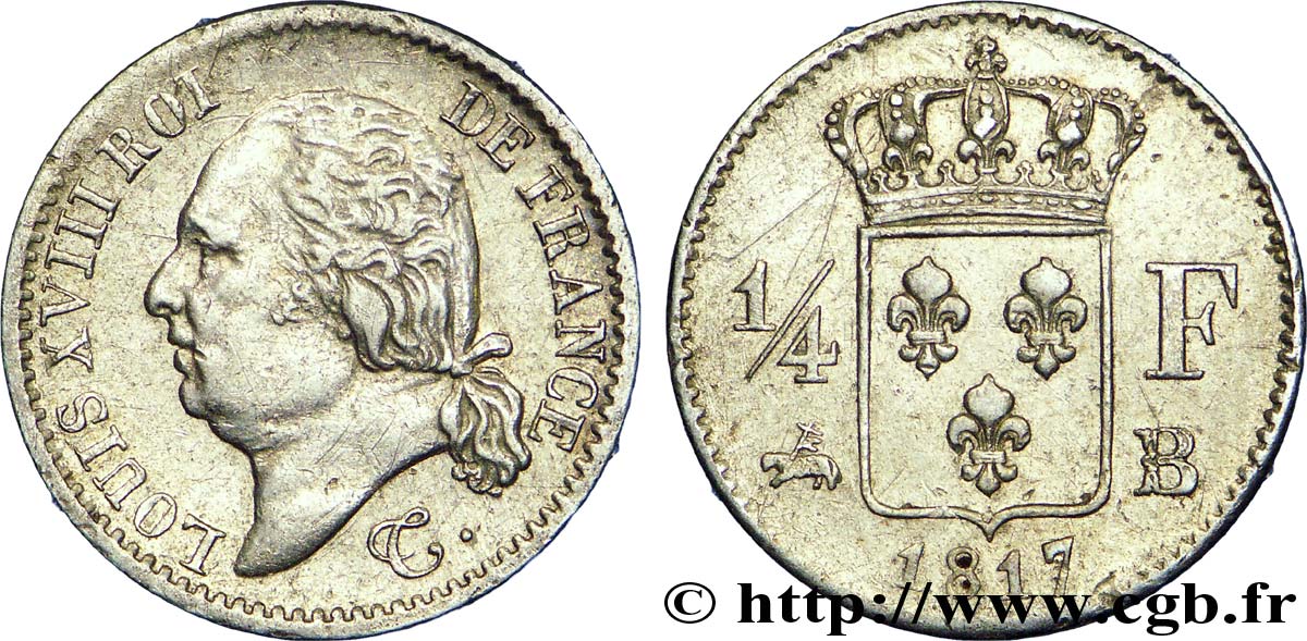 1/4 franc Louis XVIII 1817 Rouen F.163/2 XF 