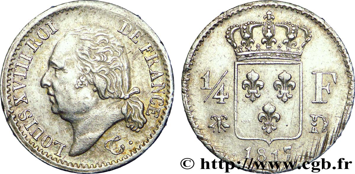 1/4 franc Louis XVIII 1817 Lyon F.163/4 MBC 
