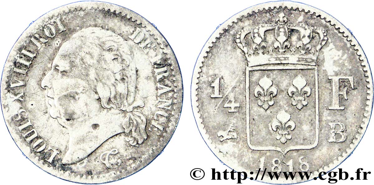 1/4 franc Louis XVIII 1818 Rouen F.163/13 TB 
