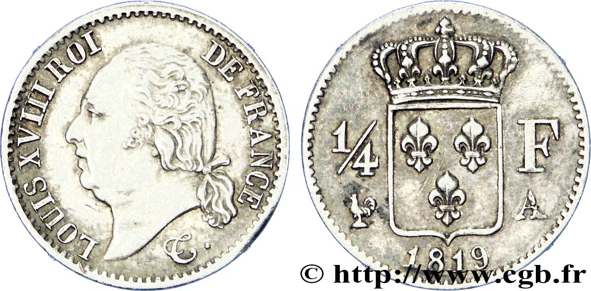 1/4 franc Louis XVIII 1819 Paris F.163/15 MBC 