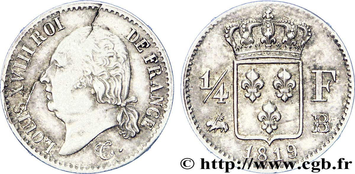 1/4 franc Louis XVIII 1819 Rouen F.163/16 TTB 