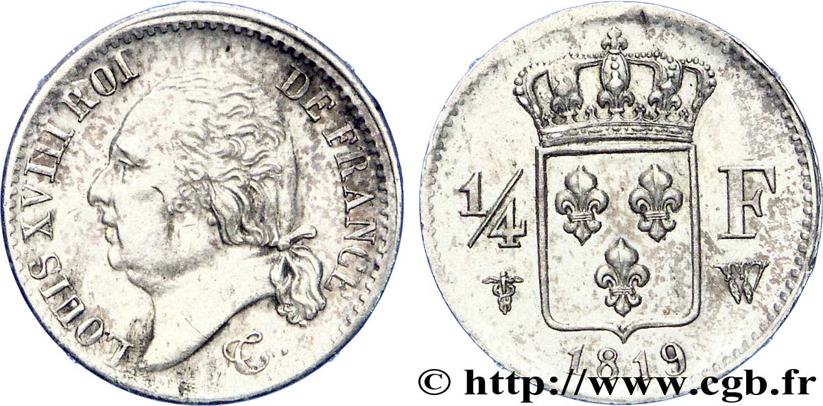 1/4 franc Louis XVIII 1819 Lille F.163/17 AU 